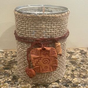Rustic Burlap Candle with Decorative Accents Lavender Scent.  New.